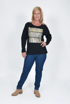 Orientique Claire Long Sleeve Top in Animal Black Print- Long Sleeved Tops