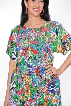 Orientique Clementine Rayon Short Sleeve Bib Dress in Summer Garden- Short Sleeved Dresses | Knee Length Dresses