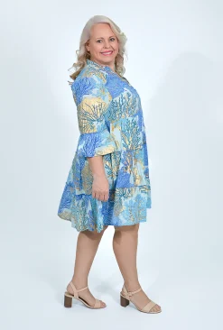 Caroline Morgan Collette Frill Sleeve Dress in Ocean Blue- Long Sleeved Dresses | Above Knee Dresses