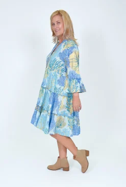 Caroline Morgan Collette Frill Sleeve Dress in Ocean Blue- Long Sleeved Dresses | Above Knee Dresses