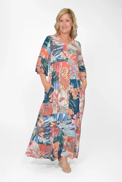 Orientique Corinne Rayon Sleeved Maxi Peak Dress in- Maxi Dresses | Long Dresses