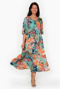 Orientique Corinne Rayon Sleeved Maxi Peak Dress in- Sleeved Dress