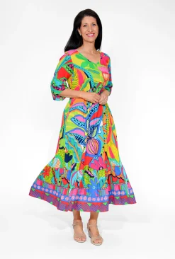 Orientique Corinne Rayon Sleeved Maxi Peak Dress in Multicolour- Long Sleeved Dresses | Maxi Dresses