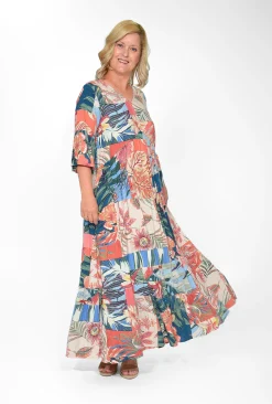 Orientique Corinne Rayon Sleeved Maxi Peak Dress in- Maxi Dresses | Long Dresses