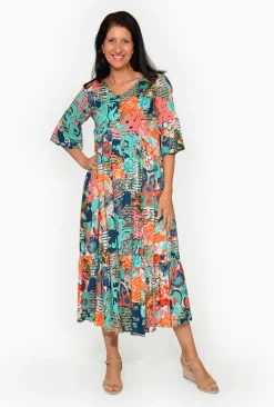 Orientique Corinne Rayon Sleeved Maxi Peak Dress in- Sleeved Dress