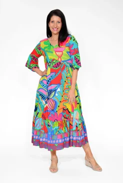 Orientique Corinne Rayon Sleeved Maxi Peak Dress in Multicolour- Long Sleeved Dresses | Maxi Dresses