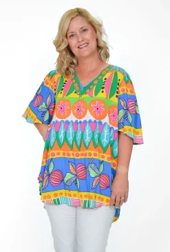 Orientique Crystal Rayon Short Sleeve Oversized Top in Multicolour- Short Sleeve Tops | Sleeved Dress
