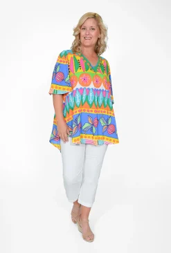 Orientique Crystal Rayon Short Sleeve Oversized Top in Multicolour- Short Sleeve Tops | Sleeved Dress