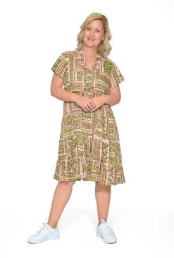 One Summer Cushla Cotton Frill Neck Dress in & Green- Short Sleeved Dresses | Cotton Dresses