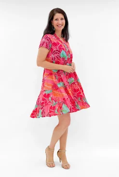 One Summer Cushla Cotton Frill Neck Dress in- Short Sleeved Dresses | Cotton Dresses