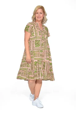 One Summer Cushla Cotton Frill Neck Dress in & Green- Short Sleeved Dresses | Cotton Dresses