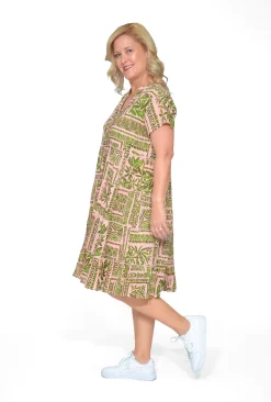 One Summer Cushla Cotton Frill Neck Dress in & Green- Short Sleeved Dresses | Cotton Dresses