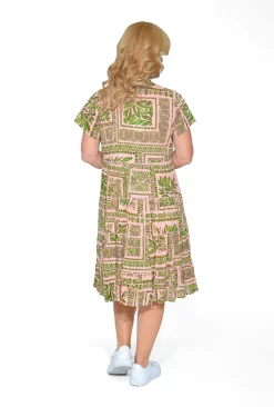 One Summer Cushla Cotton Frill Neck Dress in & Green- Short Sleeved Dresses | Cotton Dresses