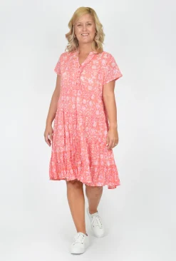 One Summer Cushla Frill Neck Cotton Dress In Peach- Knee Length Dresses | Cotton Dresses