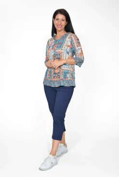 Orientique Davina Cotton 3/4 Sleeve Rayon Top in & Peach- Cotton Tops | 3/4 Sleeve Tops