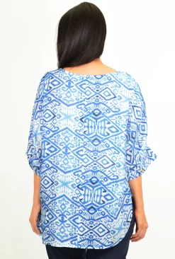 Caroline Morgan Dee Hi-low Hem Top in Blue Multi- Short Sleeve Tops | Sleeved Dress
