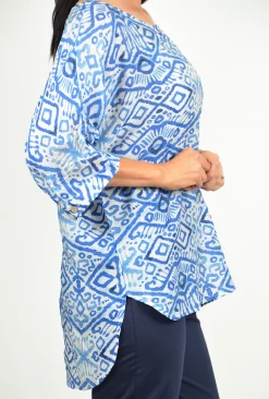 Caroline Morgan Dee Hi-low Hem Top in Blue Multi- Short Sleeve Tops | Sleeved Dress