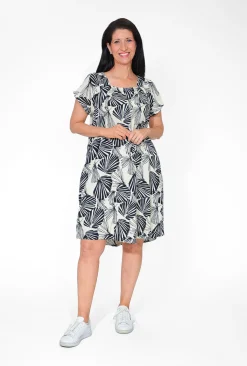 Orientique Diva Cotton Blend Frill Sleeve Dress in Black & Green- Short Sleeved Dresses | Above Knee Dresses