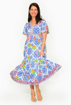 Escape Drew Rayon Short Sleeve Maxi Dress in Blue- Short Sleeved Dresses | Maxi Dresses