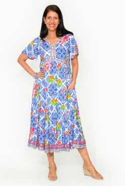 Escape Drew Rayon Short Sleeve Maxi Dress in Blue- Short Sleeved Dresses | Maxi Dresses