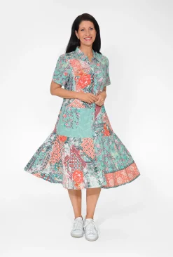 Orientique Edith Cotton Blend Collar Dress in Sage Green Patch- Short Sleeved Dresses | Midi Dresses