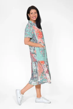 Orientique Edith Cotton Blend Collar Dress in Sage Green Patch- Short Sleeved Dresses | Midi Dresses