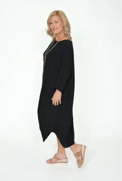 Cali&Co Elianna Long Sleeve Linen Dress in Black- Long Sleeved Dresses | Midi Dresses