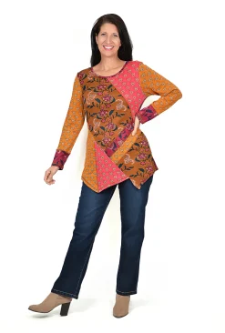 Orientique Ellie Asymmetrical Tunic in Burgundy Mix- Long Sleeved Tops