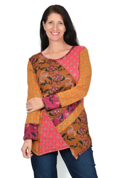 Orientique Ellie Asymmetrical Tunic in Burgundy Mix- Long Sleeved Tops