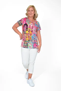 Orientique Emilia Cotton Linen Blend Crew T-Shirt in Pink Houses- Short Sleeve Tops | Sleeved Dress