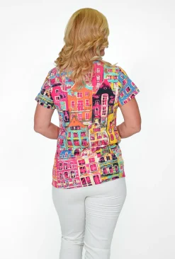 Orientique Emilia Cotton Linen Blend Crew T-Shirt in Pink Houses- Short Sleeve Tops | Sleeved Dress