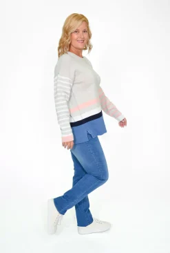 Orientique Erin Stripe Reversible Jumper in Grey Multi- Cotton Tops | Cardigans & Jumpers