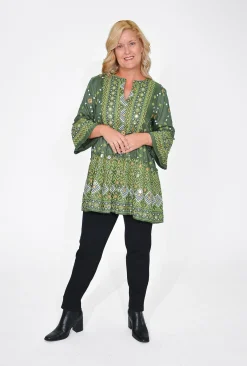 Escape Esme Frill Sleeve Top in Olive Green- 3/4 Sleeve Tops