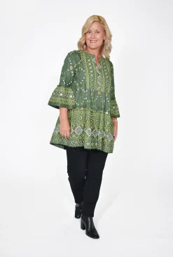 Escape Esme Frill Sleeve Top in Olive Green- 3/4 Sleeve Tops