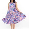 Orientique Farrah Organic Cotton Sleeveless Dress in Paisley Purple- Cotton Dresses | Midi Dresses
