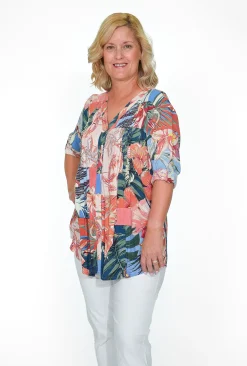 Orientique Felicity Rayon Button Blouse in Blue Tropics- Long Sleeved Tops