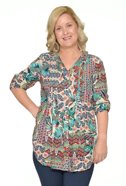 Orientique Felicity Rayon Button Frill Sleeve Top in Red & Green Tropics- Long Sleeved Tops