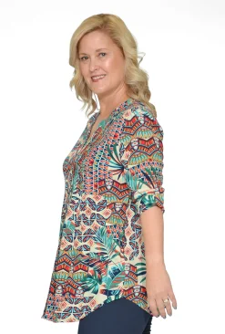 Orientique Felicity Rayon Button Frill Sleeve Top in Red & Green Tropics- Long Sleeved Tops