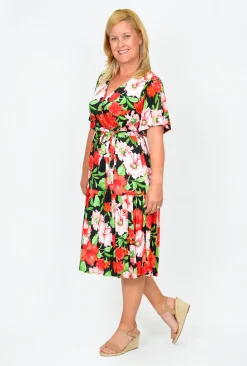Willow Tree Flamenco Mock Wrap Dress in Black & Red Floral- Knee Length Dresses | Sleeved Dress