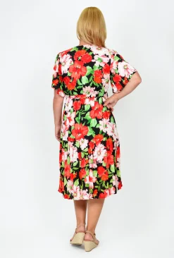 Willow Tree Flamenco Mock Wrap Dress in Black & Red Floral- Knee Length Dresses | Sleeved Dress