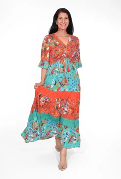 Orientique Frida Rayon Boho Maxi Dress in Red & Teal- Maxi Dresses | Long Dresses