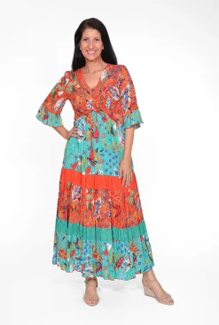 Orientique Frida Rayon Boho Maxi Dress in Red & Teal- Maxi Dresses | Long Dresses