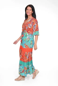 Orientique Frida Rayon Boho Maxi Dress in Red & Teal- Maxi Dresses | Long Dresses