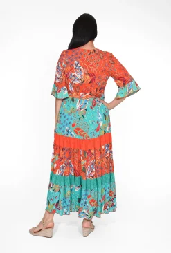 Orientique Frida Rayon Boho Maxi Dress in Red & Teal- Maxi Dresses | Long Dresses