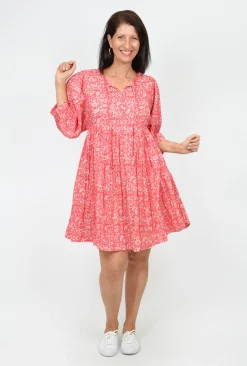 One Summer Genevieve Boho 3/4 Sleeve Cotton Dress in Coral- Knee Length Dresses | Short Sleeved Dresses