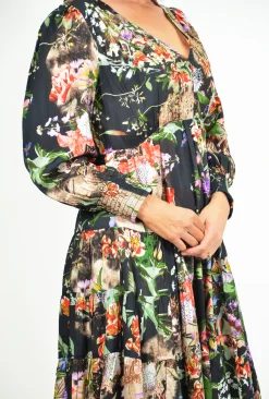 Orientique Georgina Puff Sleeve Dress in Floral Black- Long Sleeved Dresses | Above Knee Dresses