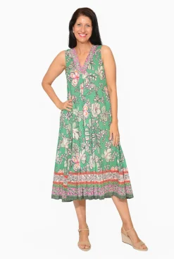 Orientique Gia Crinkle Cotton Sleeveless Midi Dress in Sage Green- Sleeveless Dresses | Organic Cotton Clothing