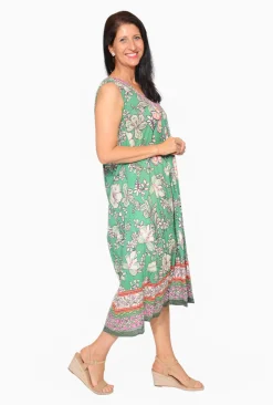 Orientique Gia Crinkle Cotton Sleeveless Midi Dress in Sage Green- Sleeveless Dresses | Organic Cotton Clothing