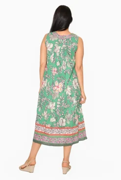 Orientique Gia Crinkle Cotton Sleeveless Midi Dress in Sage Green- Sleeveless Dresses | Organic Cotton Clothing