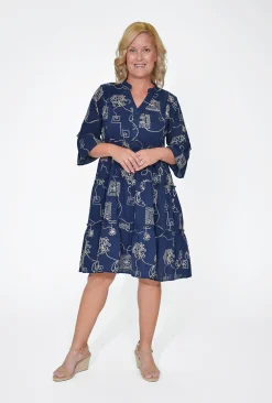 Jolie Saule Hallie 3/4 Frill Sleeve Dress in Navy- Long Sleeved Dresses | Knee Length Dresses